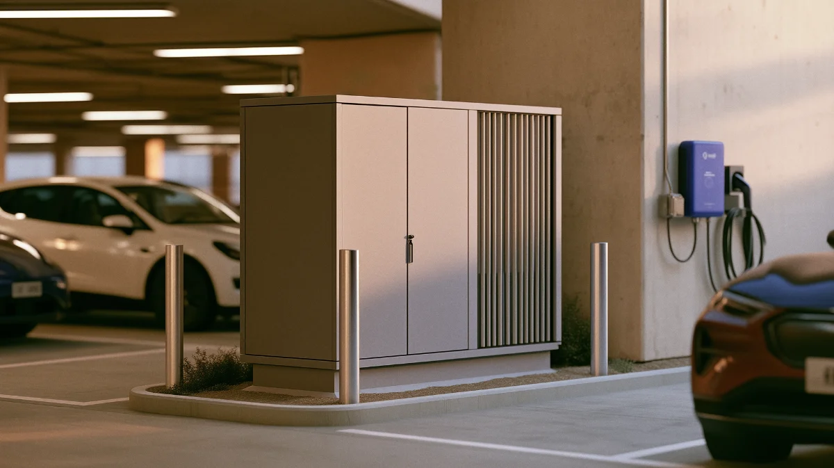Laitent Pod installed in a parking structure beside EV chargers